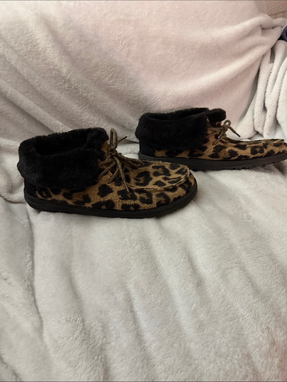 Hey Dude Leopard Print Fur-Lined Ankle Flats in Brown and Black